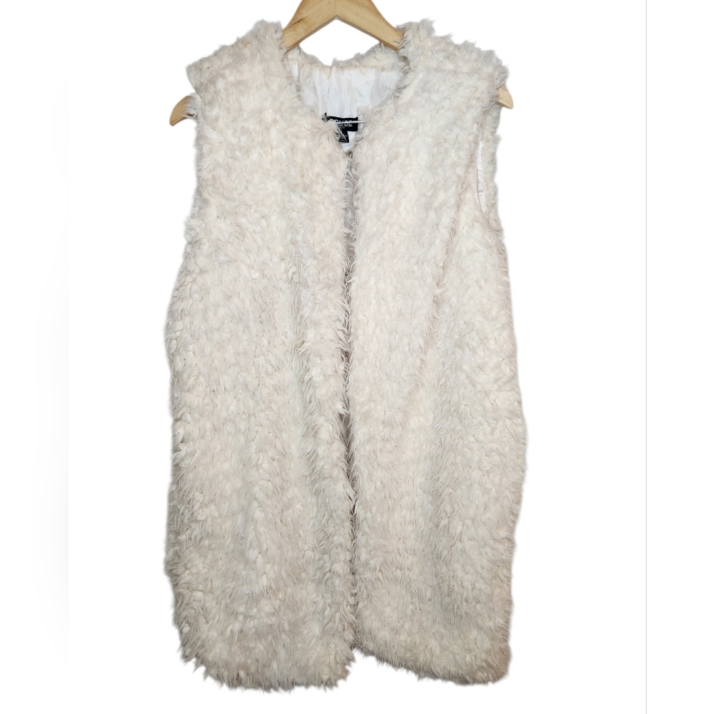 Rouge Collection Ivory Faux Fur Long Vest Women 1X Cozy Layering Plus Size